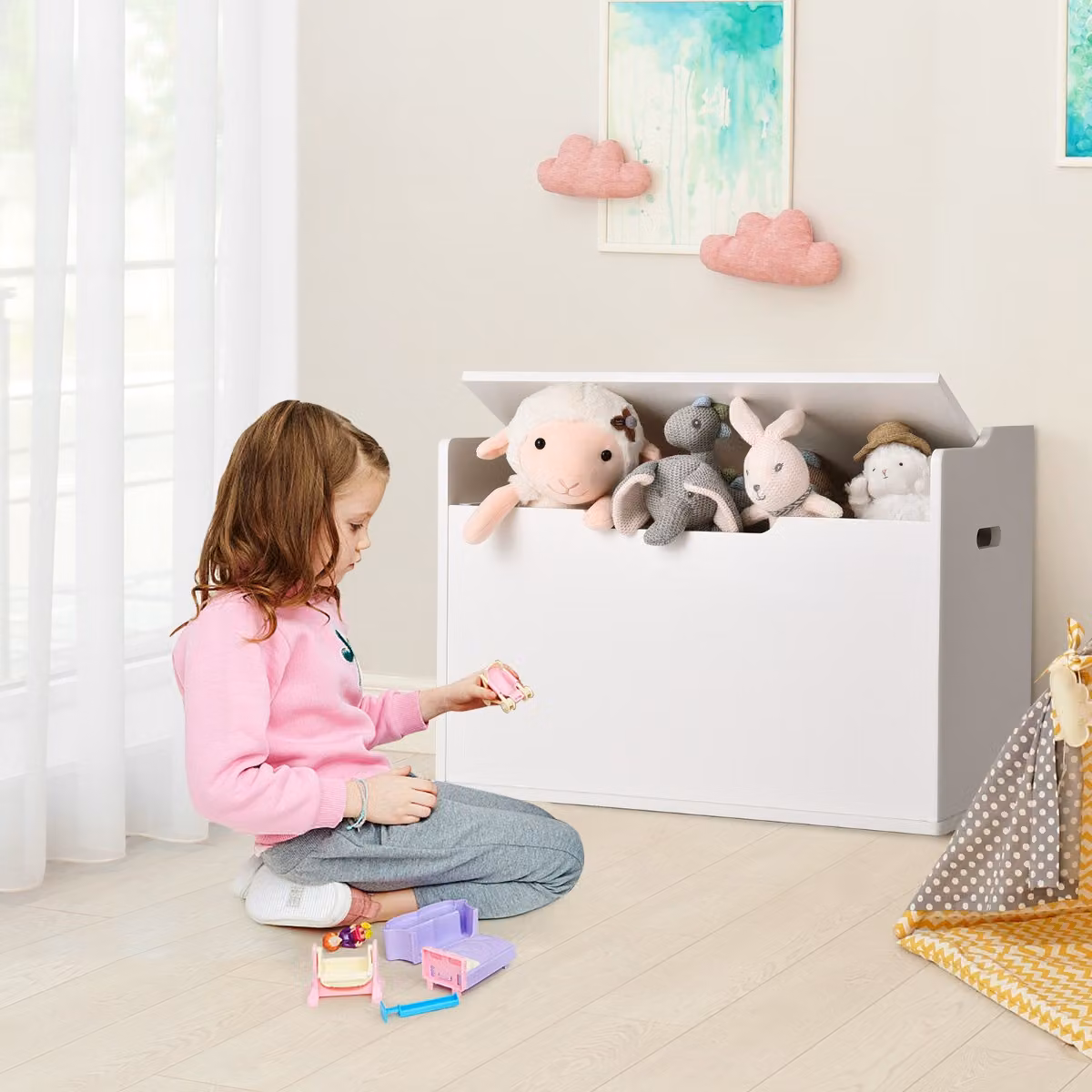 Cassa per giocattoli Costway con coperchio sollevabile e 2 cerniere di sicurezza, Bianco opaco