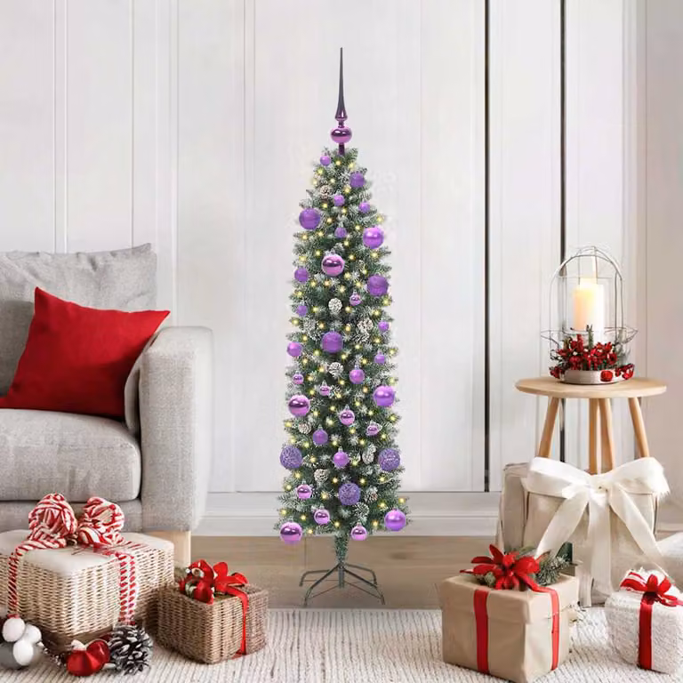Albero di Natale artificiale sottile vidaXL moderno verde e bianco con luci LED bianco caldo