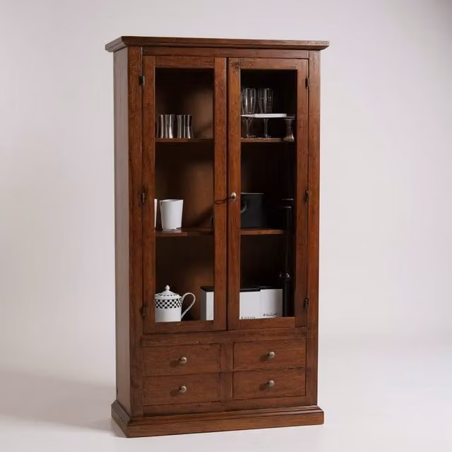 Vetrina classica Mobili 2G in legno con 2 ante in vetro e 4 cassetti, colore marrone, L: 90 cm, P: 40 cm, H: 160 cm – 1