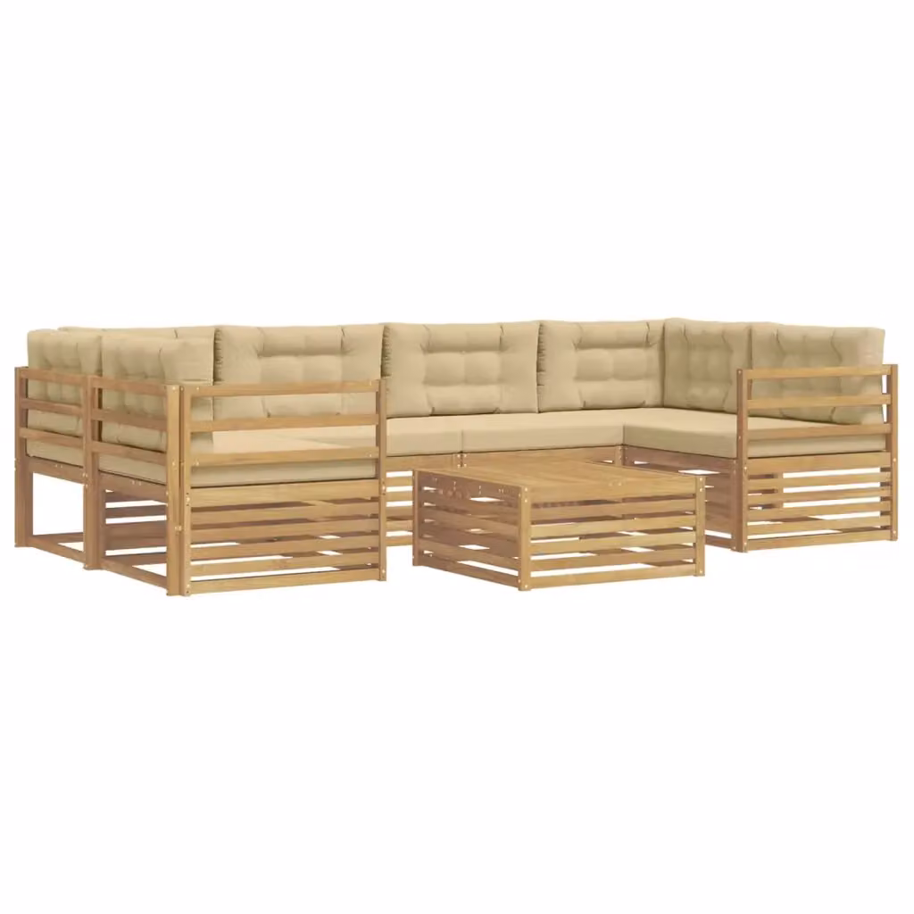 Set di divani da esterno a forma di U vidaXL in legno di acacia con tavolo da caffè, 7 pezzi, Bianco e Beige – 2