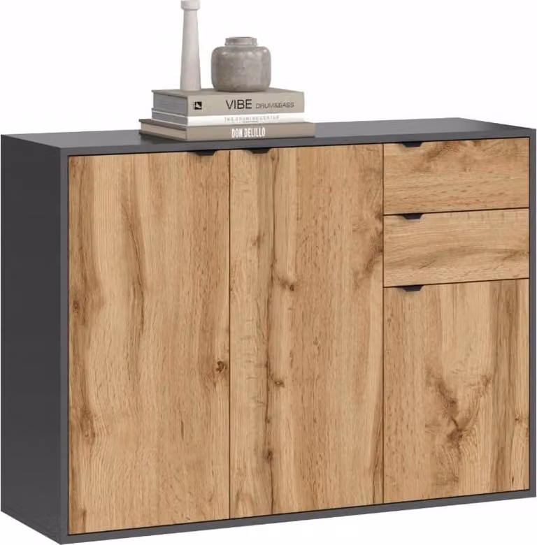 BDW, cassettiera con cassetti, per soggiorno, Leo graphite / rovere Wotan, 111x35x80cm