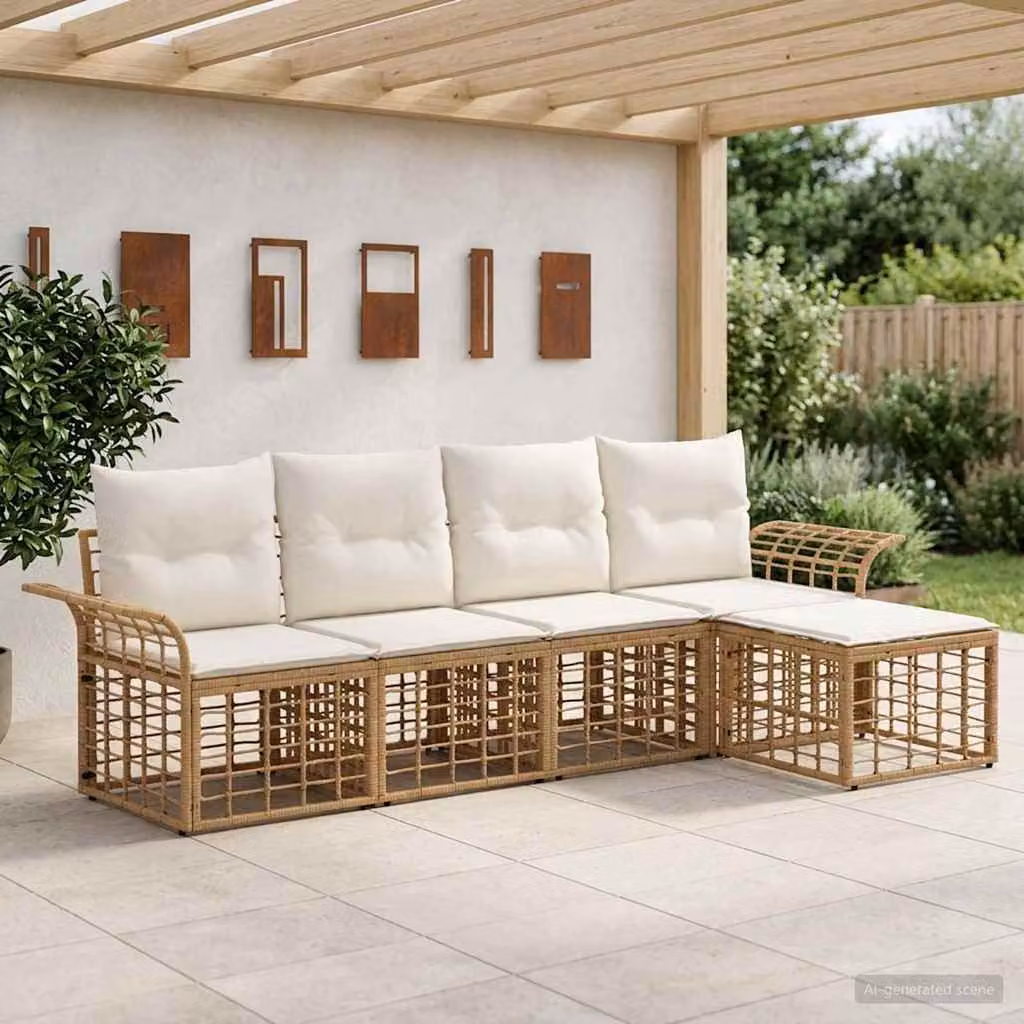 vidaXL Set di divani da esterno 5 pz a forma di L con cuscini, colore beige e bianco crema, struttura in metallo e rattan