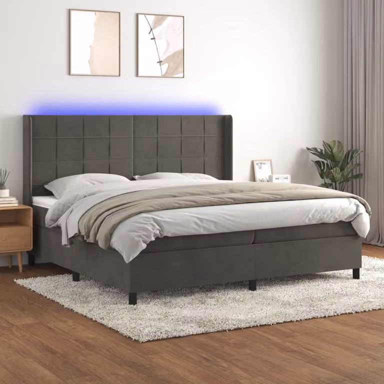 vidaXL Letto Ibrido con Materasso e Illuminazione LED in Velluto Grigio e Bianco L/P/H: 200 x 200 x 128 cm