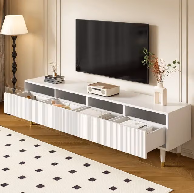 Mobile TV 178x35x45 cm bianco in MDF con 4 cassetti e passacavi