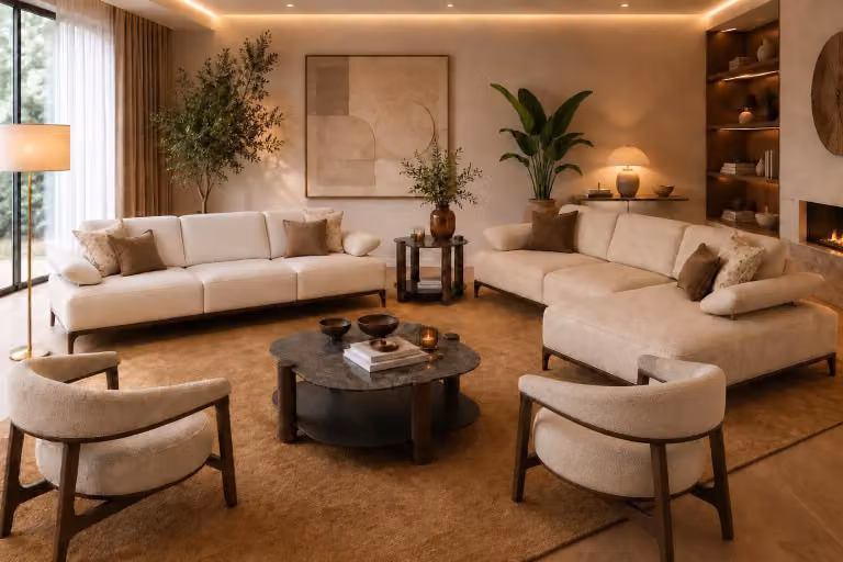 Elegante set di mobili per il soggiorno, composto da un divano angolare, un divano e delle poltrone, color beige