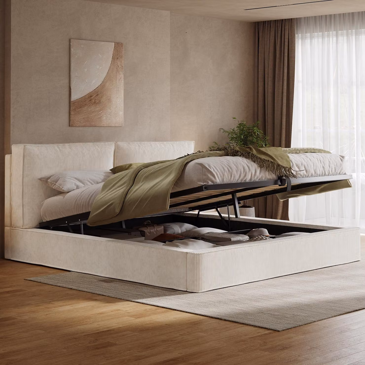 MODFU Letto matrimoniale 180 × 200 con materasso, letto con sistema di sollevamento idraulico e rete a doghe, letto imbottito con testiera imbottita, rivestito in velluto, color beige