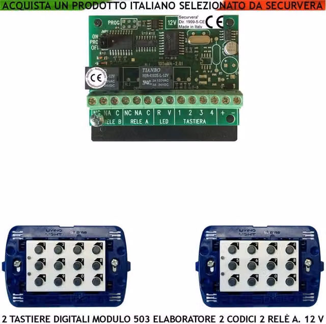 Set di 2 Tastiere Digitali da Incasso Securvera per Modulo 503, Sistema Antifurto con Elaboratore Remoto, Tensione 12 Vdc, Codici DTMF a 6 Cifre, 2 LED e 2 Relè Programmabili, Grado di Protezione IP44