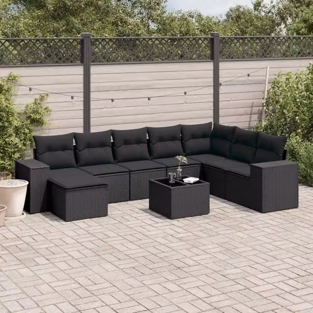 Set Divani da Giardino 9 pz con Cuscini Nero in Polyrattan 3222964