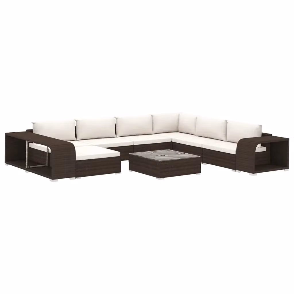 Set di divani da giardino vidaXL in rattan marrone con cuscini bianchi e tavolino da esterno, composizione a L con elementi angolari e pouf – 2