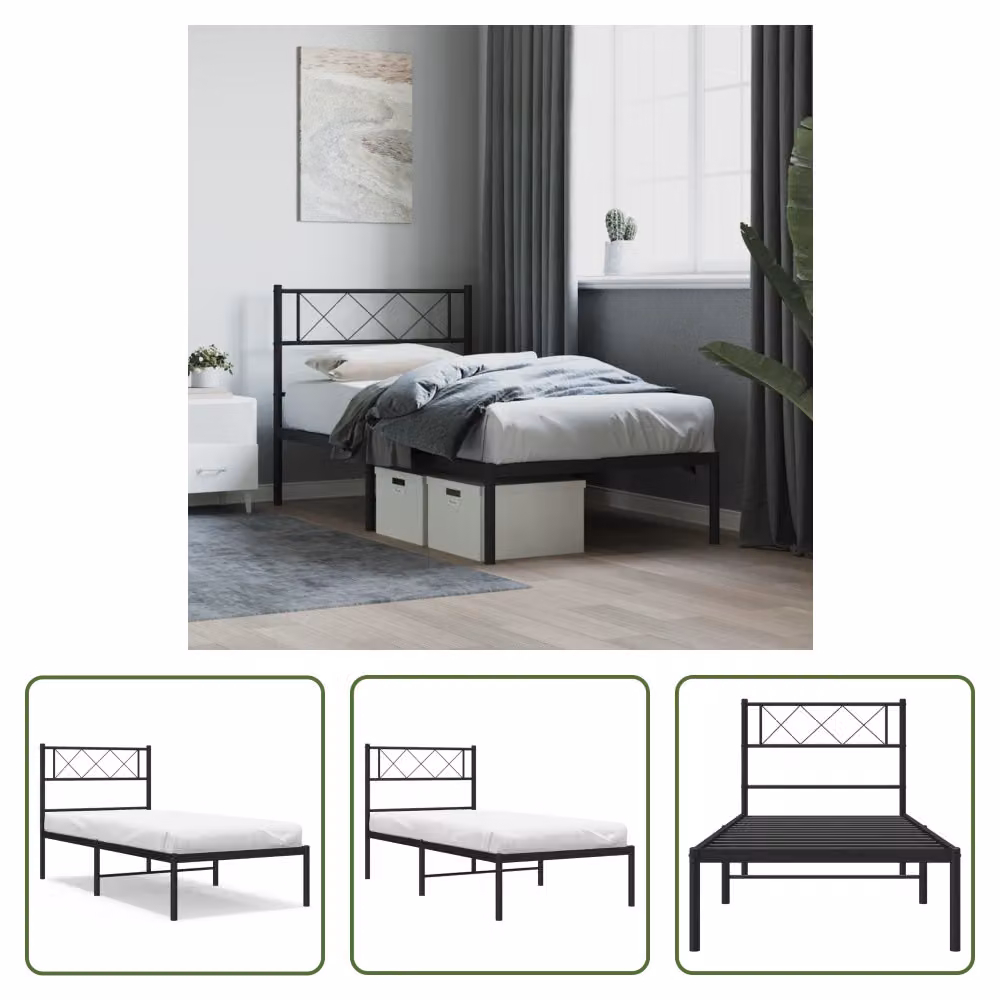 The Living Store Struttura letto con testiera in metallo nero 100x190 cm