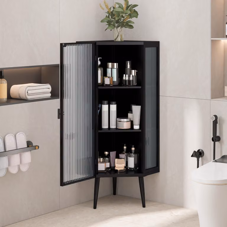 Mobile contenitore laterale con porta in vetro, armadietto angolare con ripiani, mobile bagno in stile moderno, metallo e vetro, colore nero