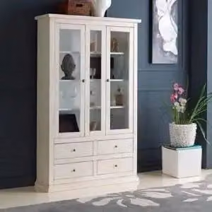 Credenza cristalliera in legno Shabby chic bianco opaco 4 cassetti