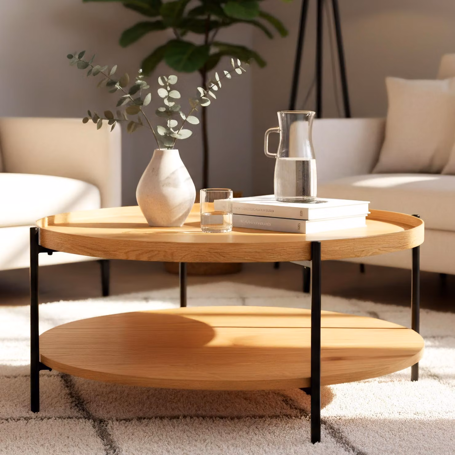 Tavolino Corbitan - Tavolino rotondo in legno | Colore: tonalità neutra | Dimensioni: 80x80x40 cm