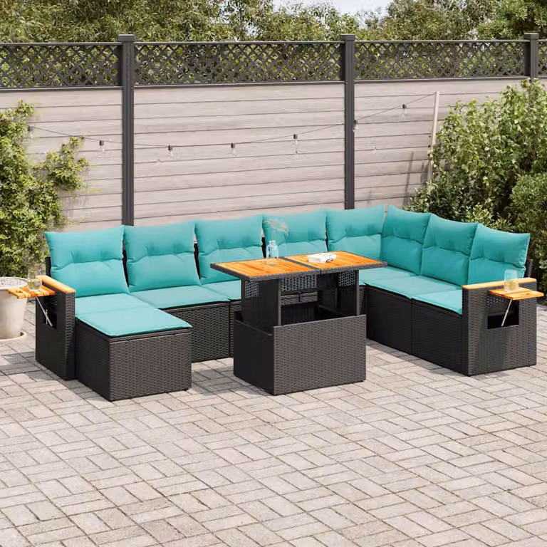 Set Divani da Giardino vidaXL a Forma di L in Polyrattan e Legno di Acacia con Cuscini, Nero e Blu