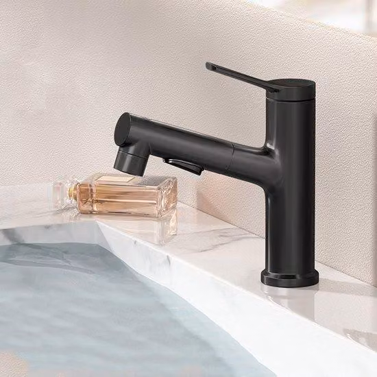 Miscelatore moderno per bagno con soffione estraibile, attacco da 32-42 mm, 3 fori, finitura nero opaco