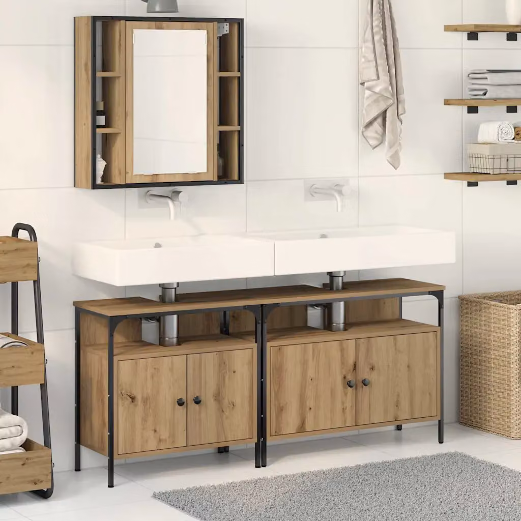 Set di mobili da bagno vidaXL in legno e vetro marrone con armadietto specchio e mobile lavabo a parete L/P/H: 80 x 30 x 60 cm