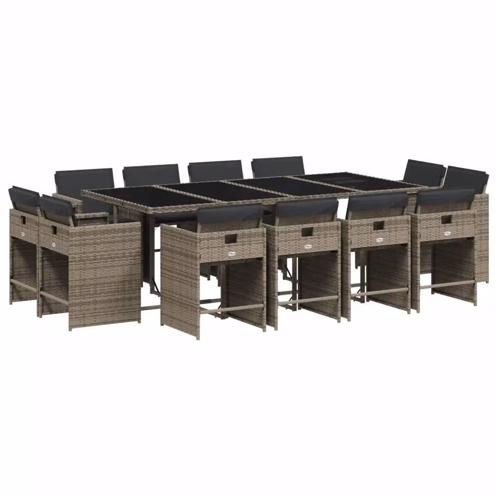 Set da pranzo da giardino vidaXL in polyrattan con cuscini e piano in vetro, 13 pezzi, grigio e nero – 2