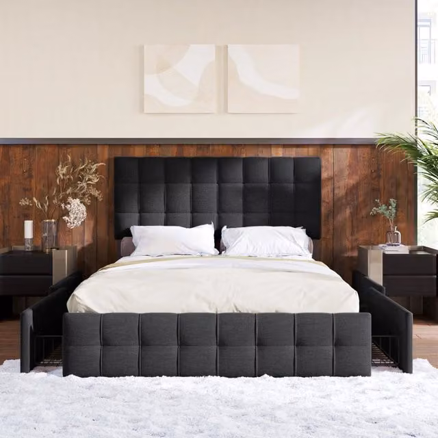 Letto imbottito matrimoniale con 4 cassetti e contenitore, rete a doghe, testiera regolabile in altezza, lino (140x200 cm, nero)