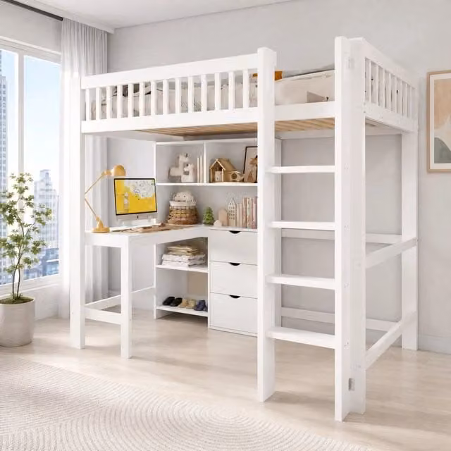 Letto a soppalco 90x200 cm bianco – scrivania e 3 cassetti, senza materasso