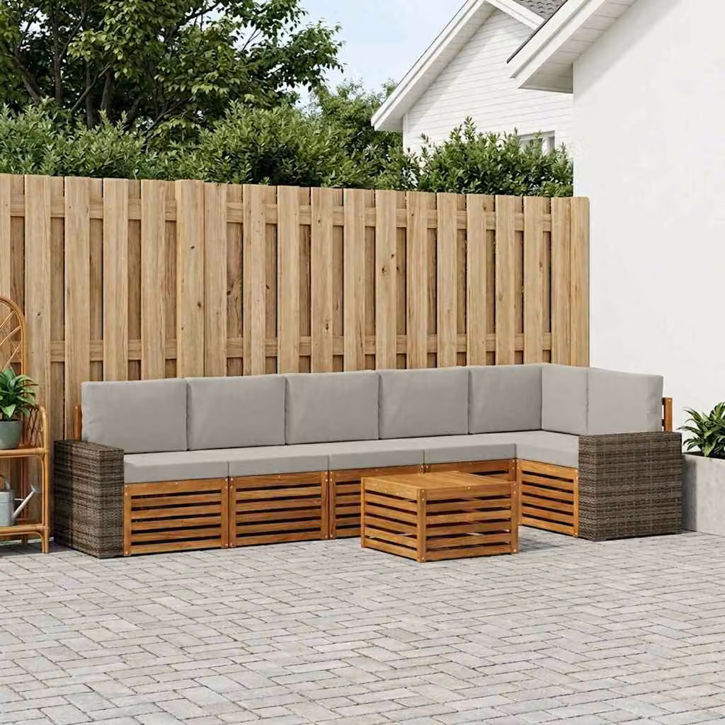 vidaXL Set di divani da esterno a L composto da 7 pezzi in legno di acacia con cuscini, colore Naturale e Grigio Chiaro