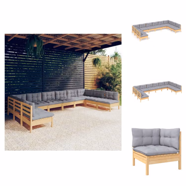 vidaXL Set di 10 pezzi da giardino con cuscini grigi in pino massiccio - Set di mobili da giardino