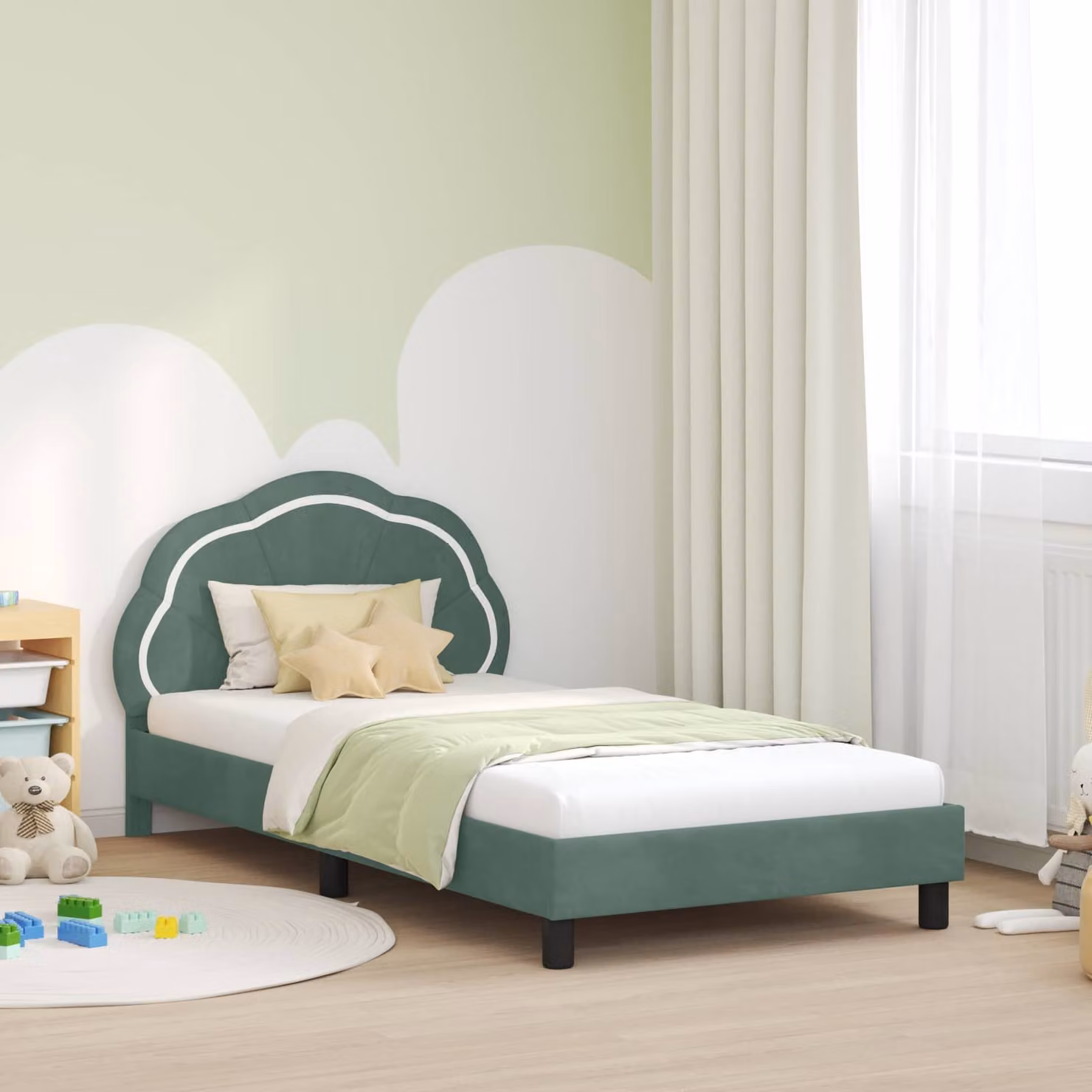 Struttura letto per bambini vidaXL in legno e velluto verde con testata, L/P/H: 90 x 200 x 104,5 cm