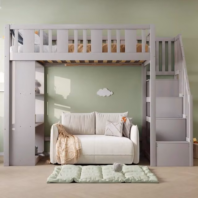 Letto a soppalco per bambini 90x200 cm in legno di pino; scala contenitore e parapetto; grigio