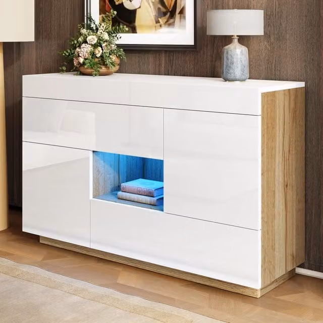 Sideboard moderno WISHDOR bianco lucido con illuminazione LED integrata per il tuo soggiorno