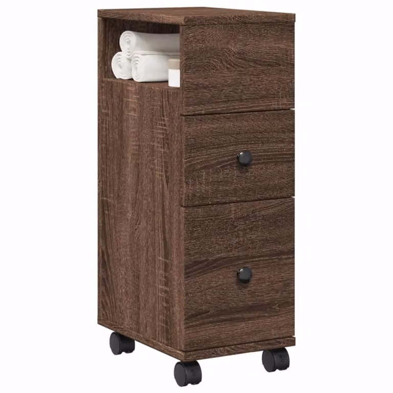 Mobile da bagno stretto con ruote vidaXL in legno marrone con cassetti e ripiani interni
