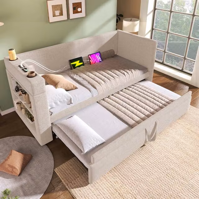 Letto a giorno-Xylo-90x190 cm-ribaltabile, USB-C, portabicchieri, misto lino, beige