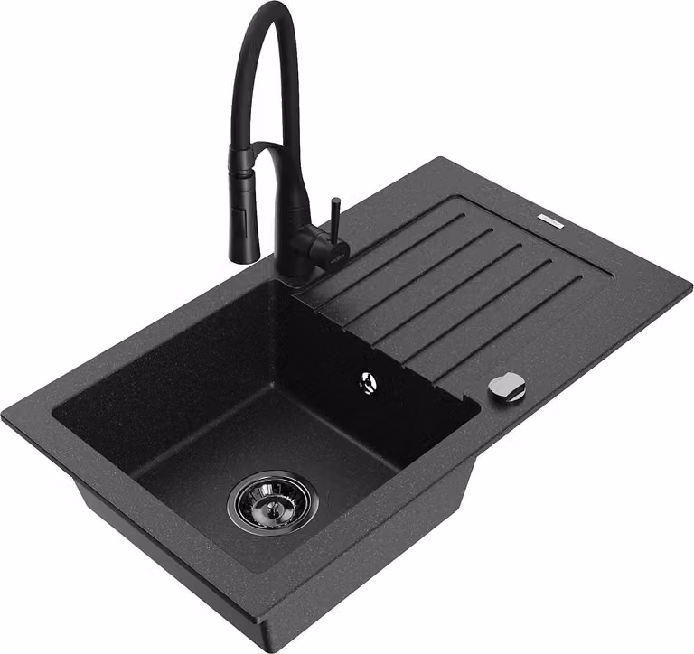 Mexen Pablo lavello in granito a 1 vasca con sgocciolatoio e rubinetto da cucina Aster, nero/argento metallizzato