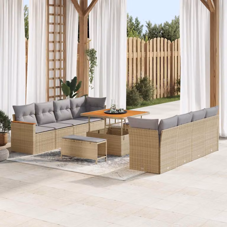 Set Divano da Giardino vidaXL 11 pz in Polyrattan Beige con Cuscini e Tavolino