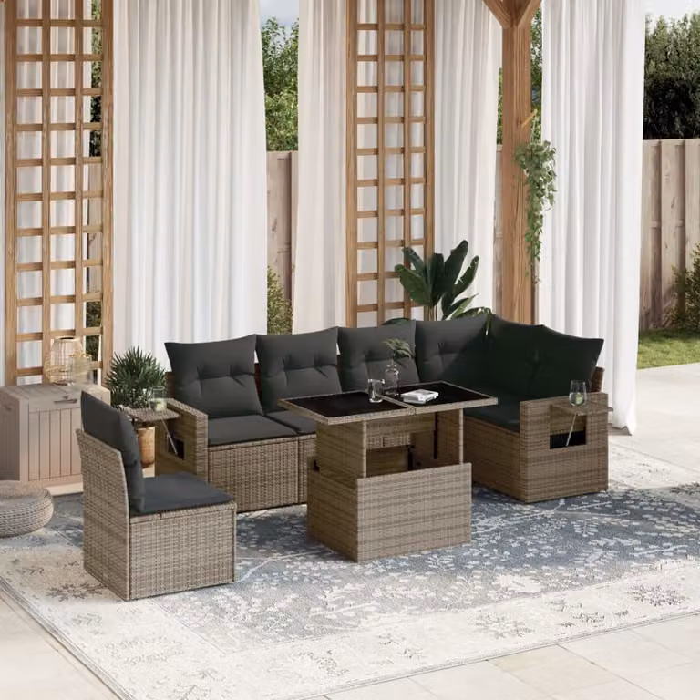 Set di divani da giardino vidaXL in 7 pezzi con cuscini grigi in polyrattan e struttura in metallo