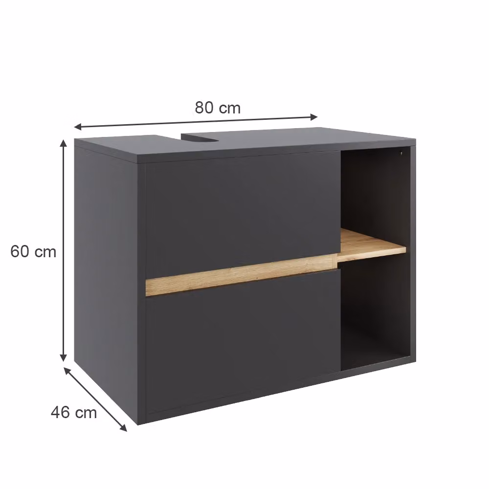 Mobiletto per lavabo Vicco moderno con 2 cassetti, sospeso, Grigio e Rovere, L: 80 cm, P: 60 cm, H: 46 cm – 2
