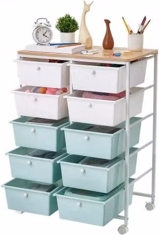VEVOR Carrello Organizer con 10 Cassetti e Piano in Legno, Struttura in Acciaio Verniciato e Ruote Girevoli, Blu e Bianco
