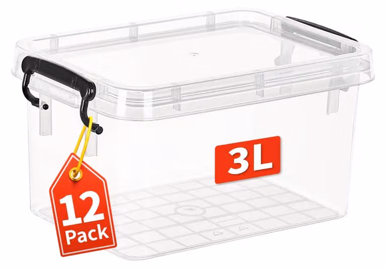 Set di 12 contenitori in plastica impilabili con coperchio, capacità 3 litri