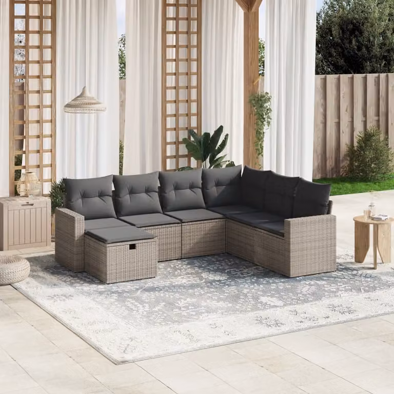 vidaXL Set Divani da Giardino a L 7 pz in Polyrattan Grigio con Cuscini e Struttura in Acciaio