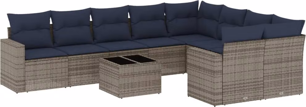 Set Divani da Giardino 10 pz con Cuscini Grigio in Polyrattan