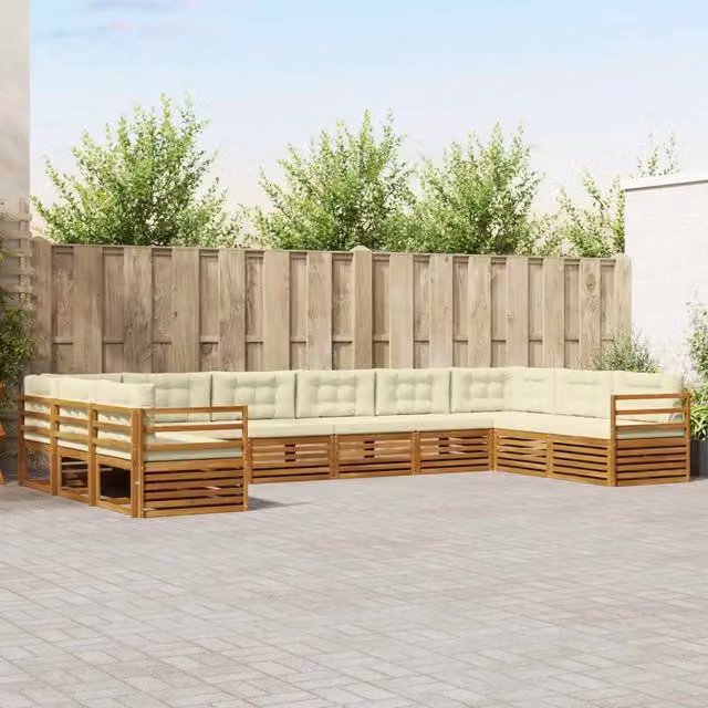Set di divani da giardino a L con cuscini vidaXL in legno di acacia massello, colore beige e bianco