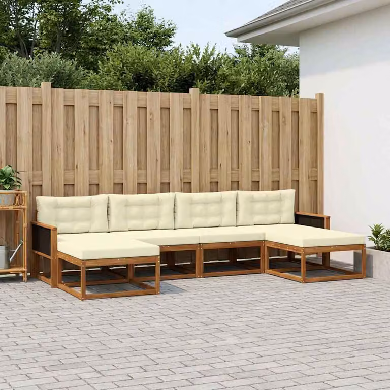 Set di divani da esterno vidaXL a forma di L composto da 6 pezzi in legno di acacia con cuscini inclusi, colori beige, bianco e marrone