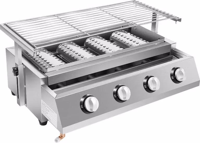 Barbecue a gas in acciaio inox - 4 bruciatori - Accensione elettrica - Griglia regolabile in altezza 0-7 cm - GPL 2800 Pa - Tubo del gas Ø10 mm - Argento