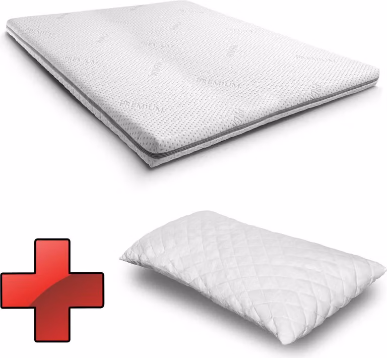 Materasso topper in schiuma a cellule aperte, modello Premium, dimensioni 120 x 200 cm, altezza 8 cm, livello di rigidità H3, con rivestimento antibatterico. Cuscino CloudComfort Basic con inserti in gel, dimensioni 40 x 80 cm