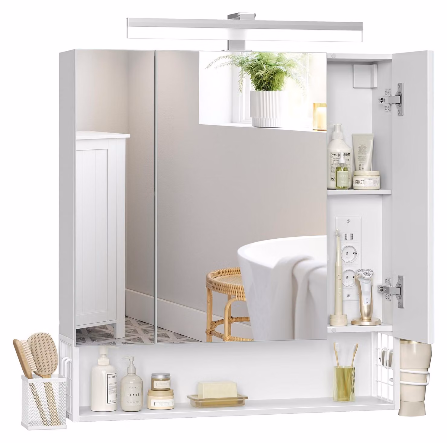 Armadietto da bagno con illuminazione a LED, dimensioni 16,5x70x75 cm, dotato di prese di corrente e cesto appendibile