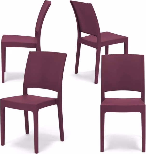 Set 4 sedie in polipropilene FLORA, 100 %MADE IN ITALY, impilabile, resistente ai raggi UV, design moderno, ideale per sala da pranzo, cucina, sala d’attesa, bar, ristoranti o giardino, colore Bordeaux
