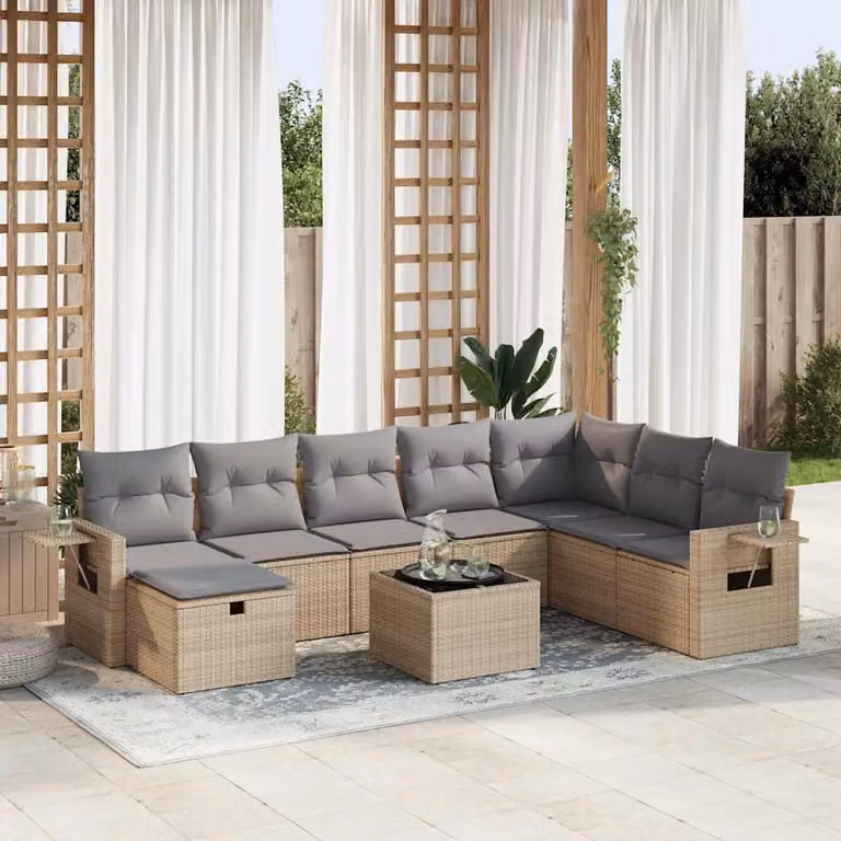 Set Divano da Giardino vidaXL 9 pz in Polyrattan Beige con Cuscini e Tavolino da Esterno a Forma di L