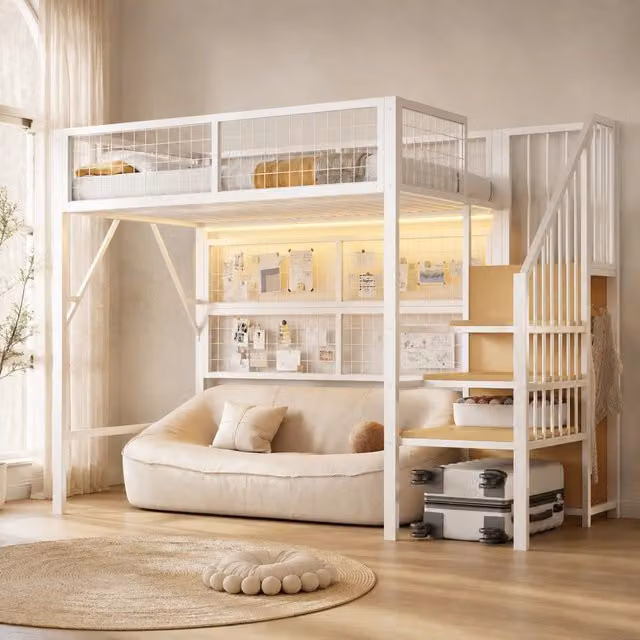 Letto a soppalco 90x200 cm in metallo bianco con scala contenitore e LED APP