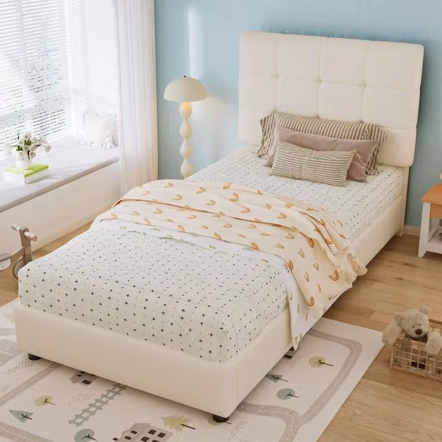 Letto singolo imbottito per bambini 90 × 200 cm beige con testiera a forma di biscotto e rete a doghe