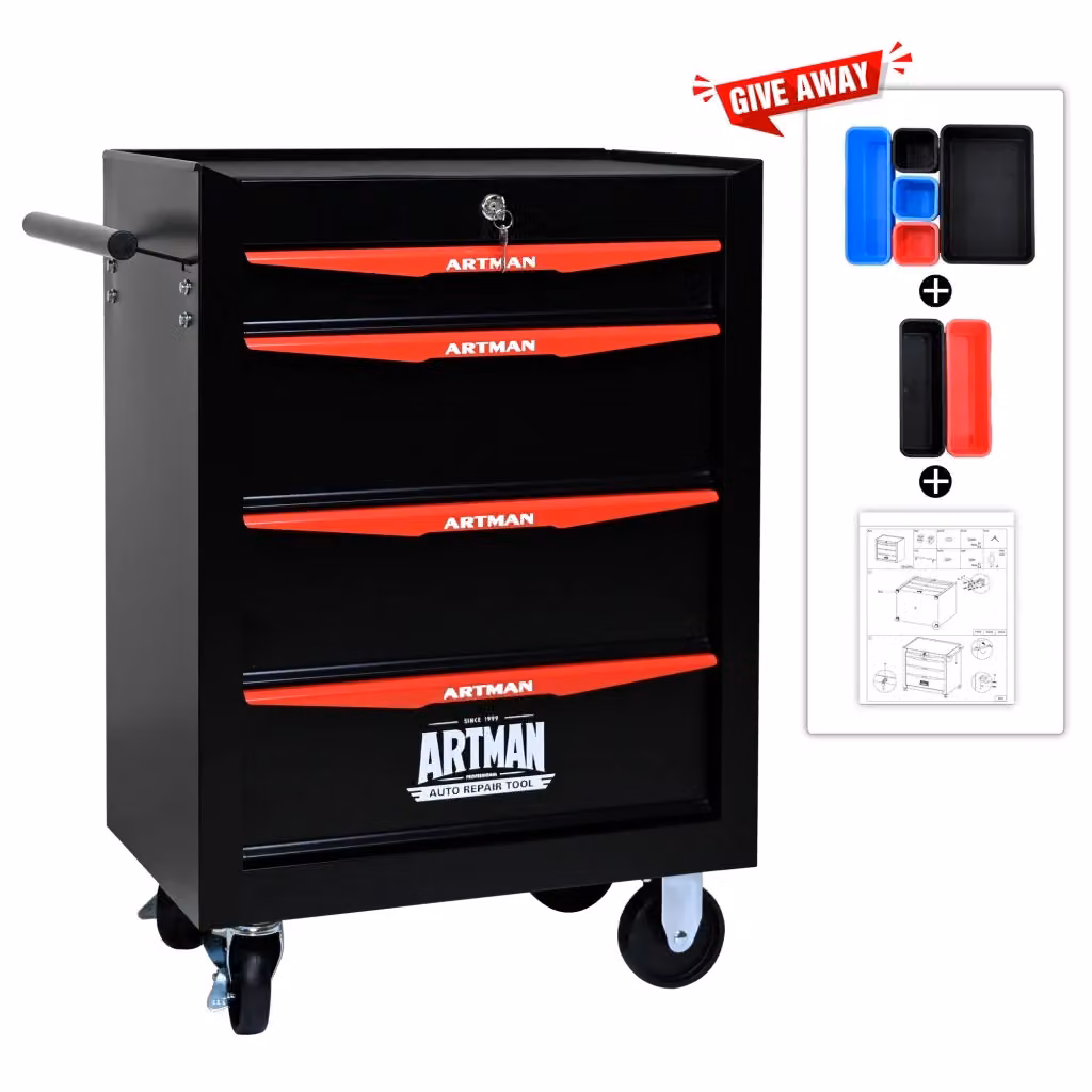 Mobiletto portautensili Weimin in metallo con 4 cassetti e piano di lavoro, nero e rosso, L: 50,8 cm – 2