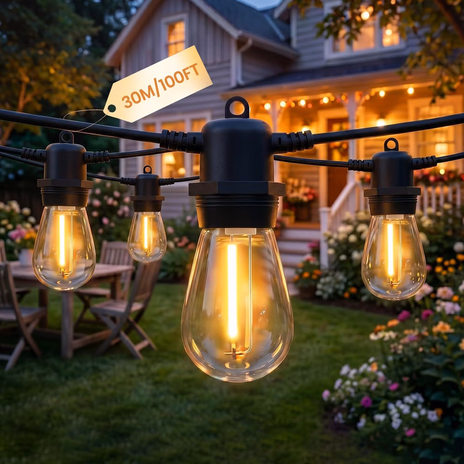 Catena luminosa da 30 metri, modello S14, grado di protezione IP65, con 30 lampadine LED (più 2 di ricambio), luce bianco caldo 2700K