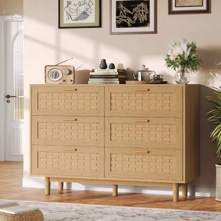 UnboxG Comò in legno massello 115x40x80 cm Rovere – 6 cassetti Credenza Comodino Comò con ampio spazio contenitivo, mobili per soggiorno e camera da letto, robusto, resistente, moderno